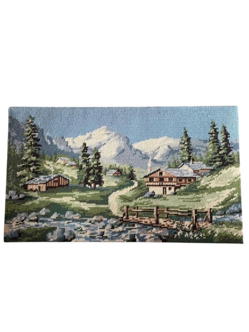Vintage Hand Crafted Needlepoint Alpine Mountain Landscape Art Blue Green